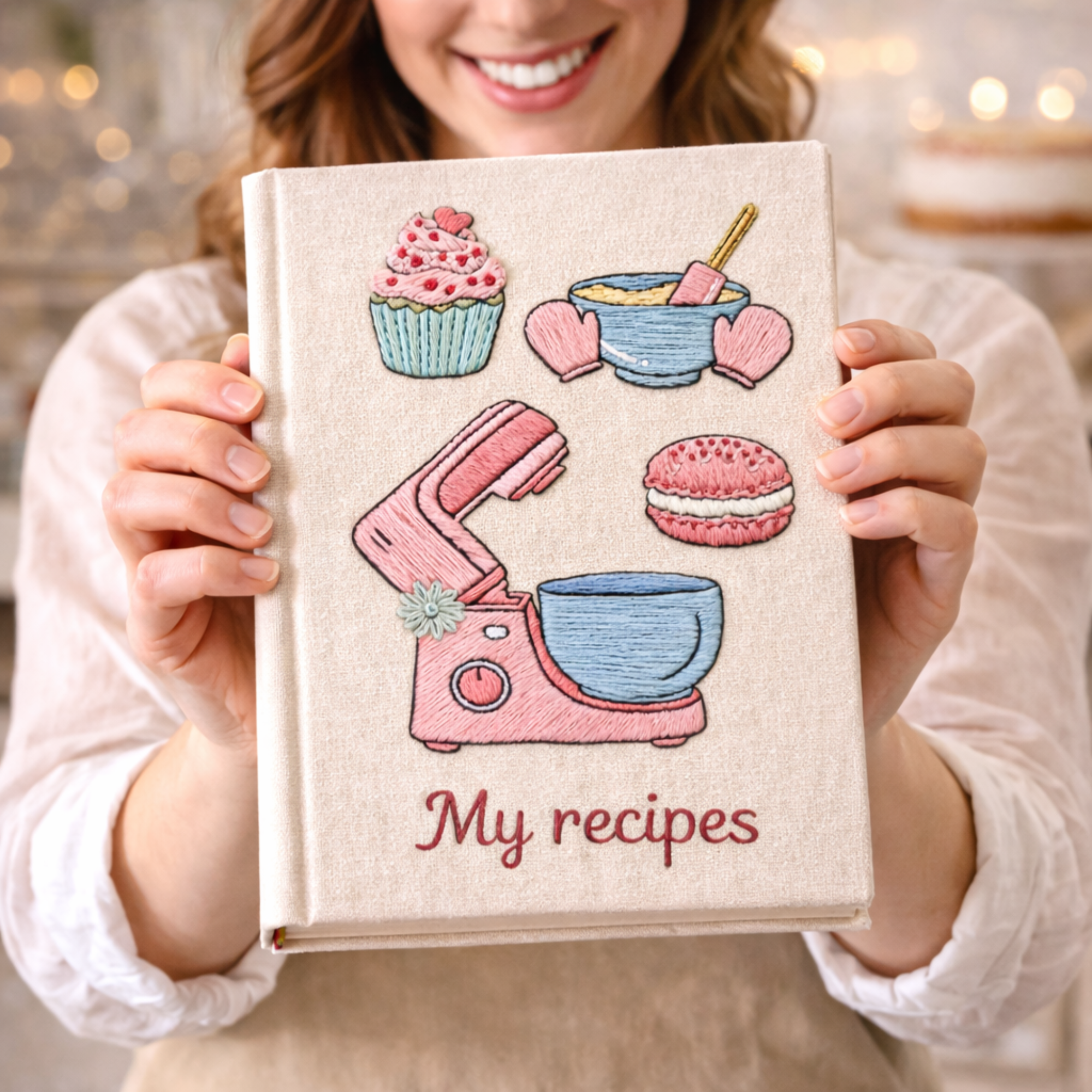 Personalized hand embroidered recipe book featuring a pastel dessert workshop theme with stand mixer, mixing bowls, cupcakes, macarons, oven mitts, and baking accessories.