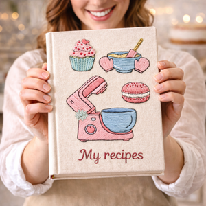 Personalized hand embroidered recipe book featuring a pastel dessert workshop theme with stand mixer, mixing bowls, cupcakes, macarons, oven mitts, and baking accessories.