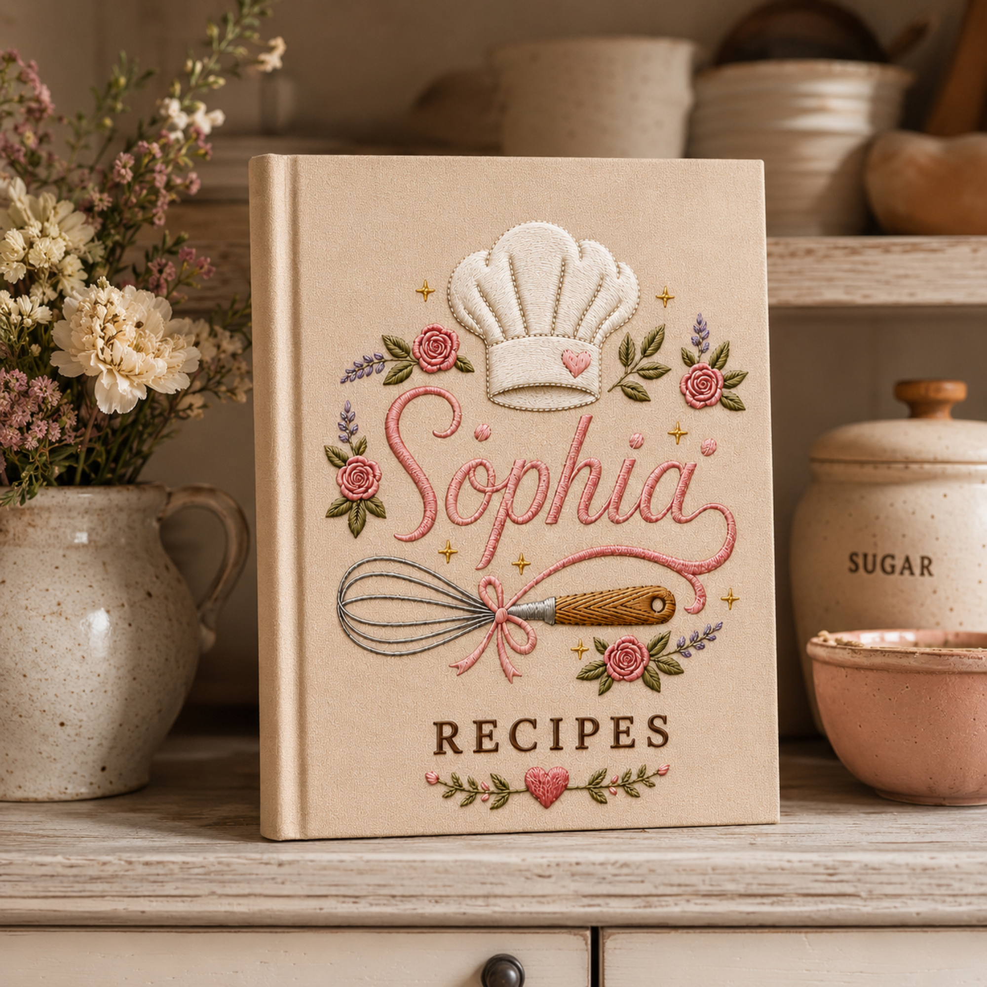 Personalized hand embroidered recipe book featuring a chef hat, whisk with ribbon, pink roses, lavender flowers and custom name embroidery on a linen cover.