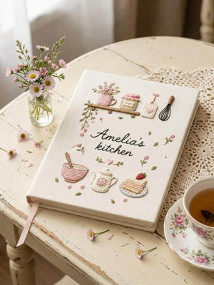 Personalized hand embroidered recipe book featuring floral teapot whisk sugar jar mixing bowl strawberry cake and cottage tea party motifs