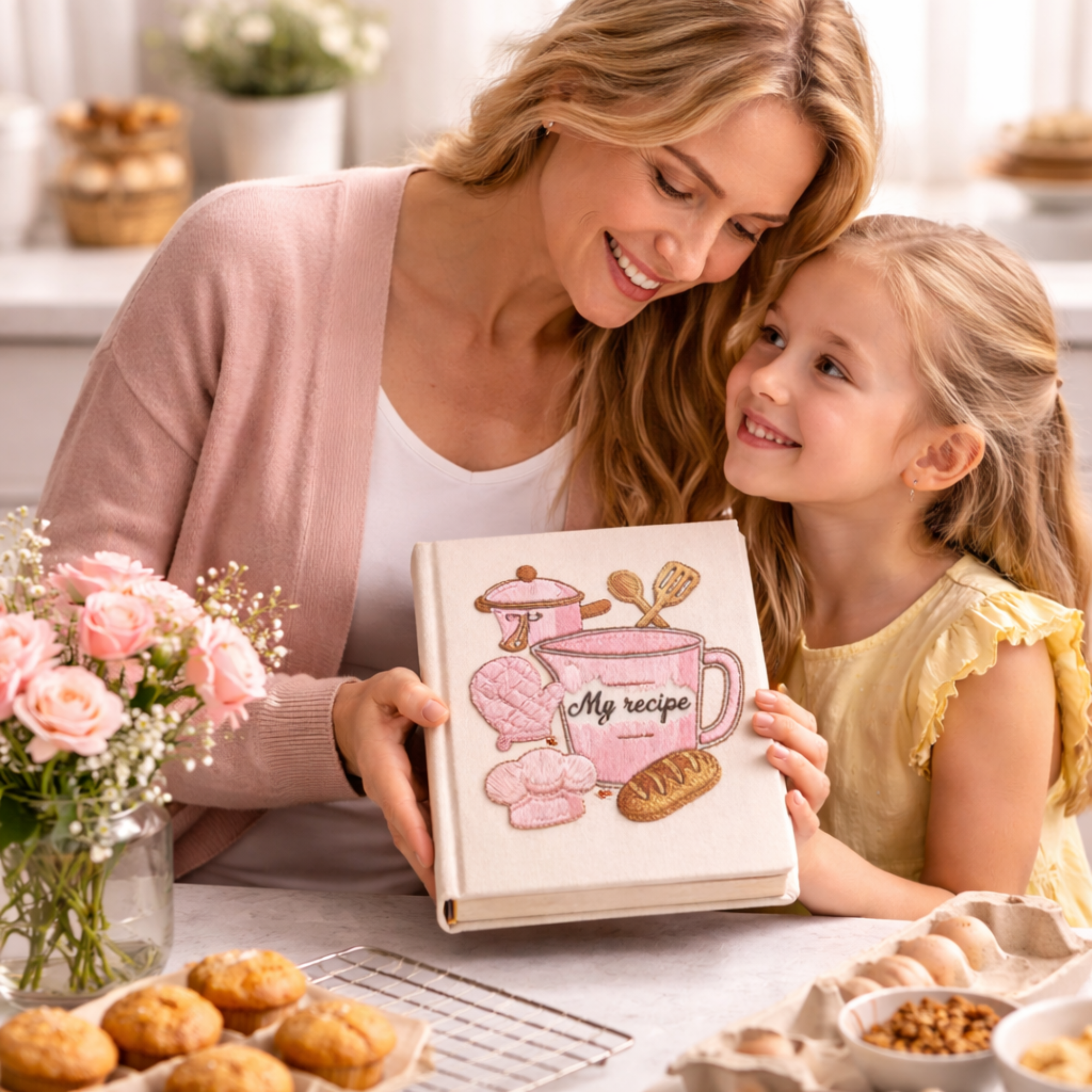 Personalized hand embroidered recipe book featuring pink baking tools, stand mixer, oven mitts, recipe cards, measuring cups, chef hat, whisk, and bakery-inspired embroidery on linen cover.