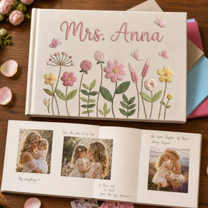 Personalized wildflower garden hand embroidered linen notebook with butterflies and custom name