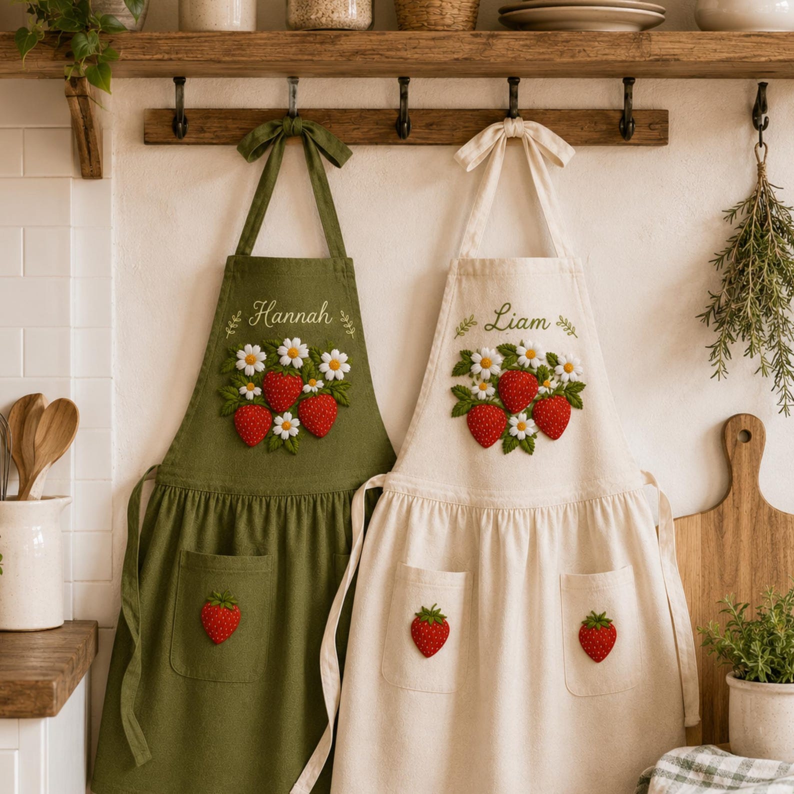 Personalized hand embroidered linen apron featuring strawberries, daisy flowers, botanical garden embroidery, and custom name personalization.
