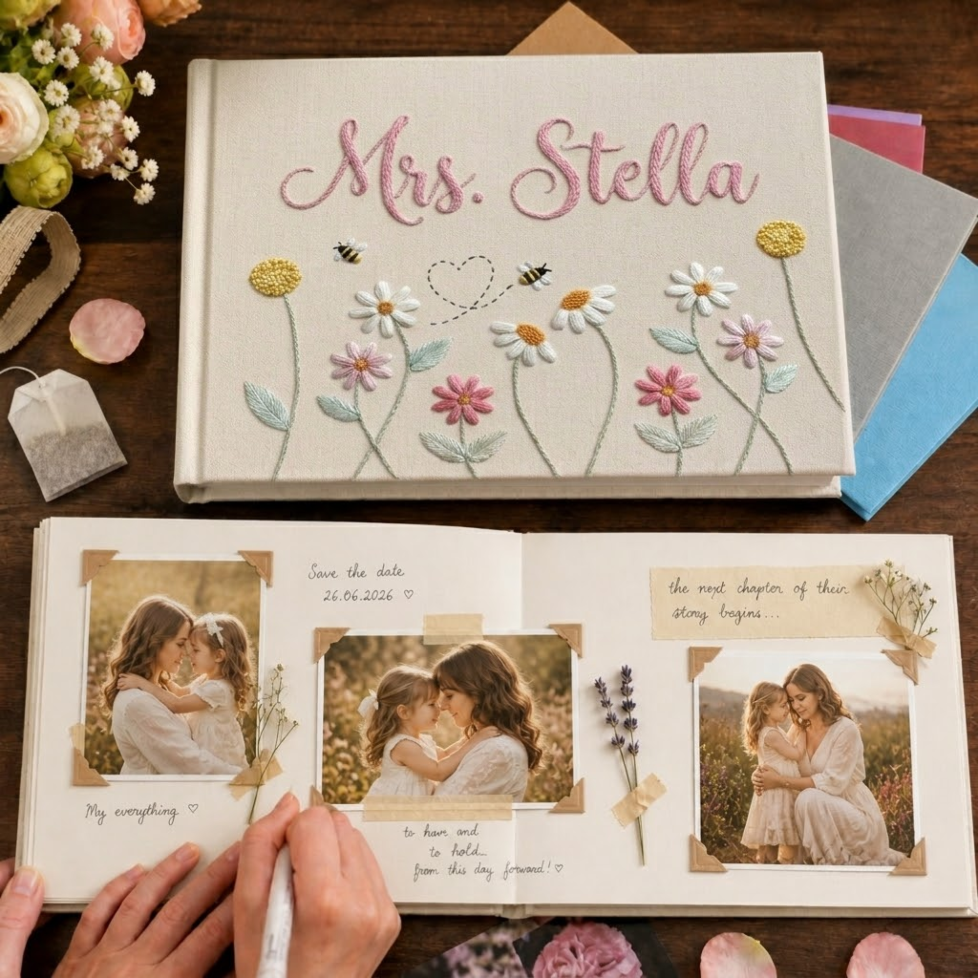 Personalized daisy bee hand embroidered linen notebook with floral meadow and custom name