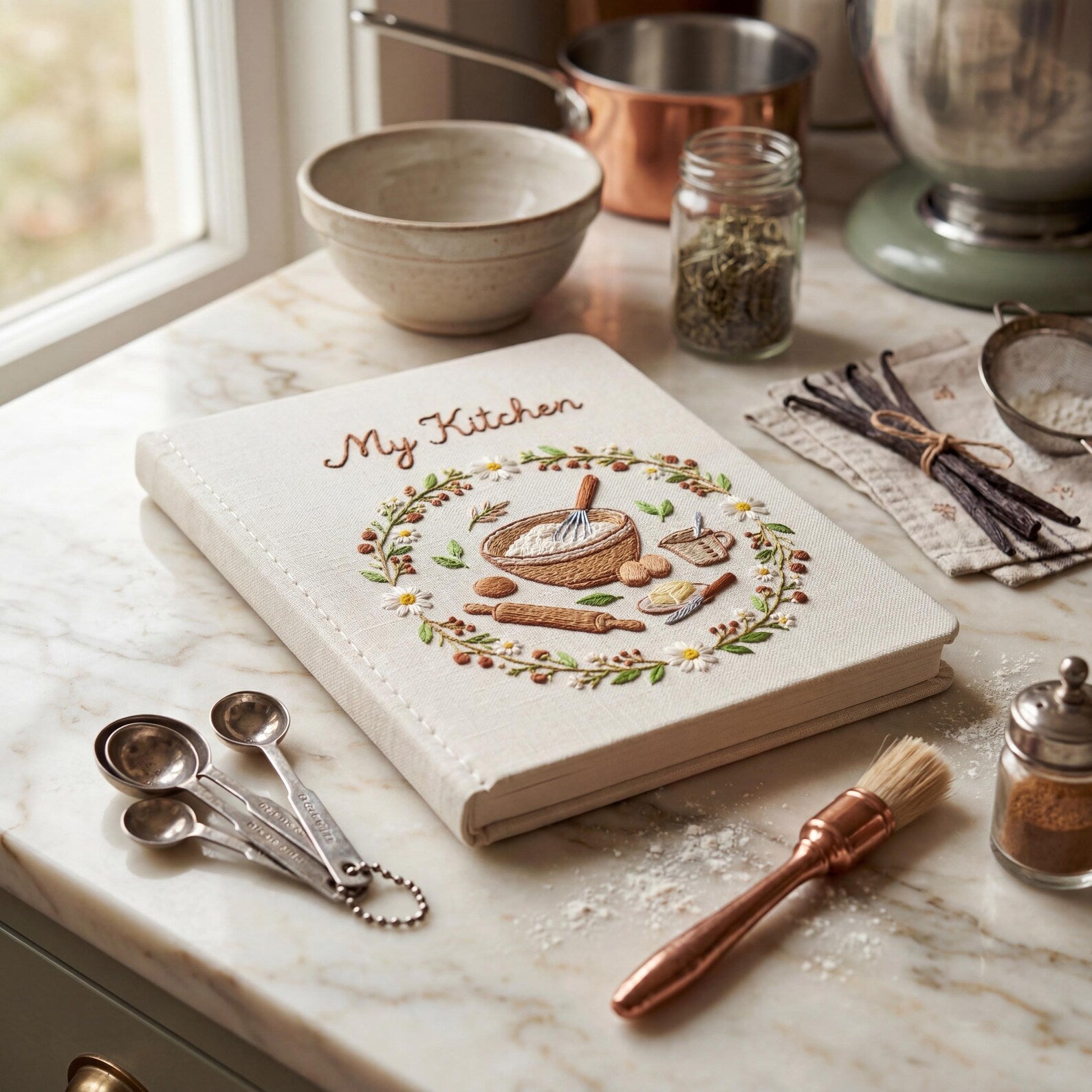 Personalized hand embroidered recipe book featuring rustic baking tools, daisy wreath, mixing bowl, rolling pin, butter dish and farmhouse kitchen design.