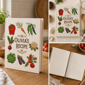 Personalized hand embroidered recipe book featuring carrots, tomatoes, radish, peas, cauliflower, onion, fresh herbs and garden harvest vegetables on natural linen cover.