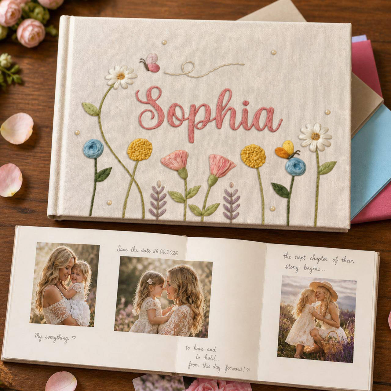 Personalized pastel wildflower hand embroidered linen notebook with butterflies colorful flowers and custom name