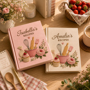 Personalized bakery flower hand embroidered recipe book with mixing bowl whisk rolling pin cupcake and floral embroidery on linen cover