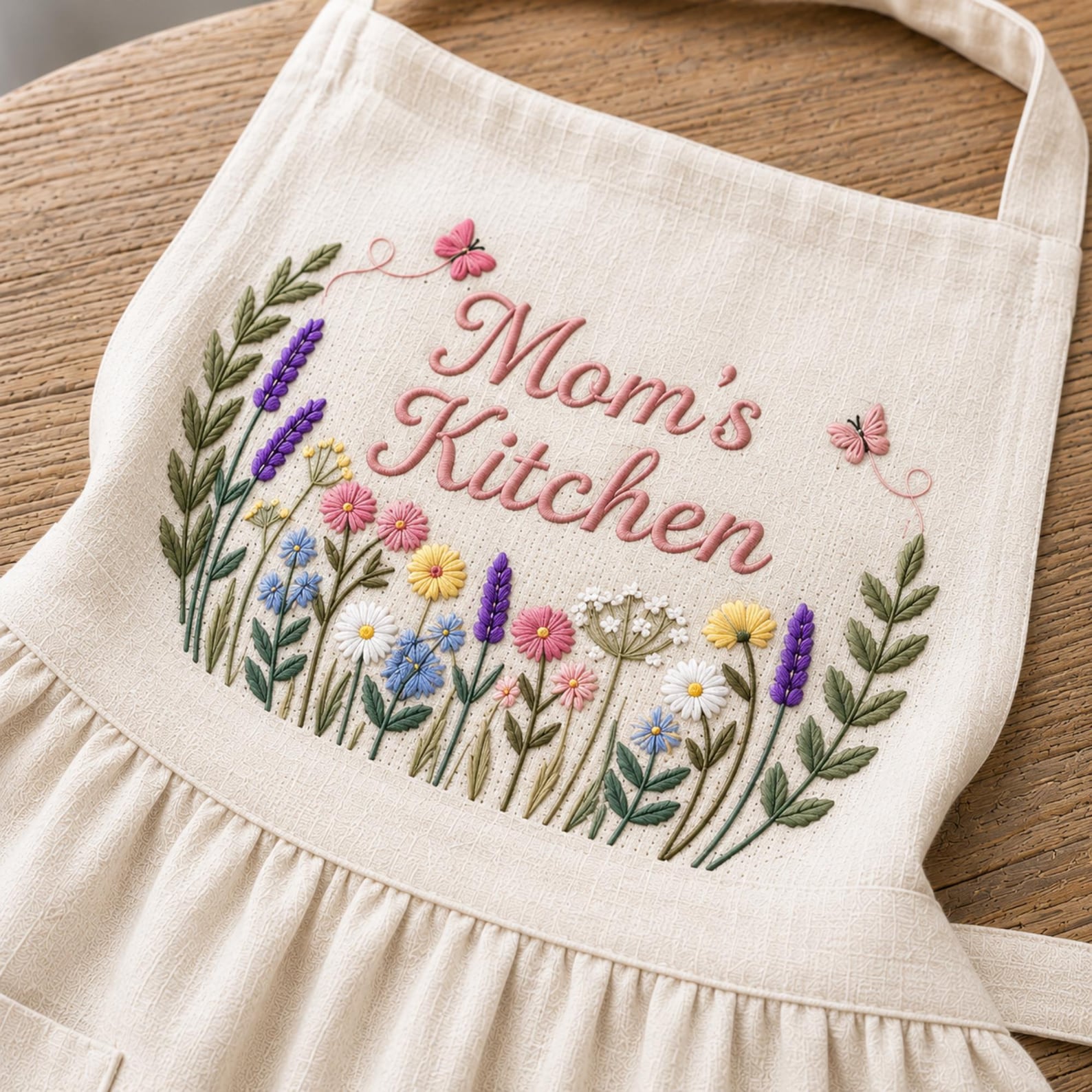 Personalized hand embroidered linen apron featuring colorful wildflowers, butterflies, lavender blooms, and custom name embroidery.