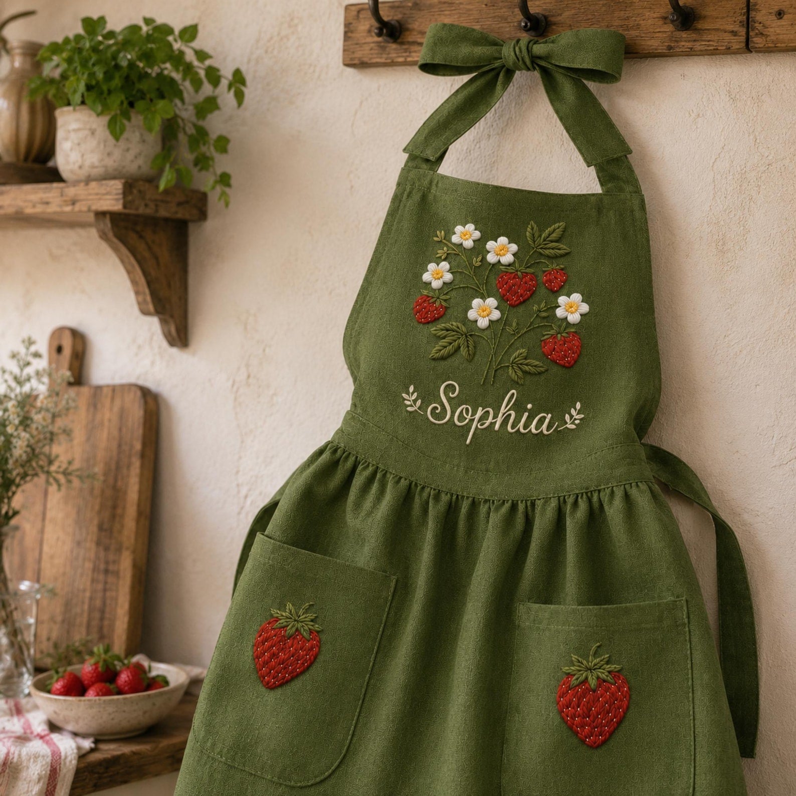 Personalized hand embroidered strawberry garden linen apron featuring strawberries, white flowers, botanical vines and custom text, cottagecore kitchen apron gift.