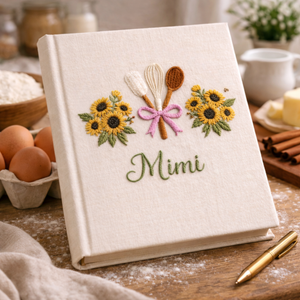 Personalized hand embroidered recipe book featuring a whisk, spatula, wooden spoon tied with a pink ribbon and surrounded by white daisies on a linen cover.