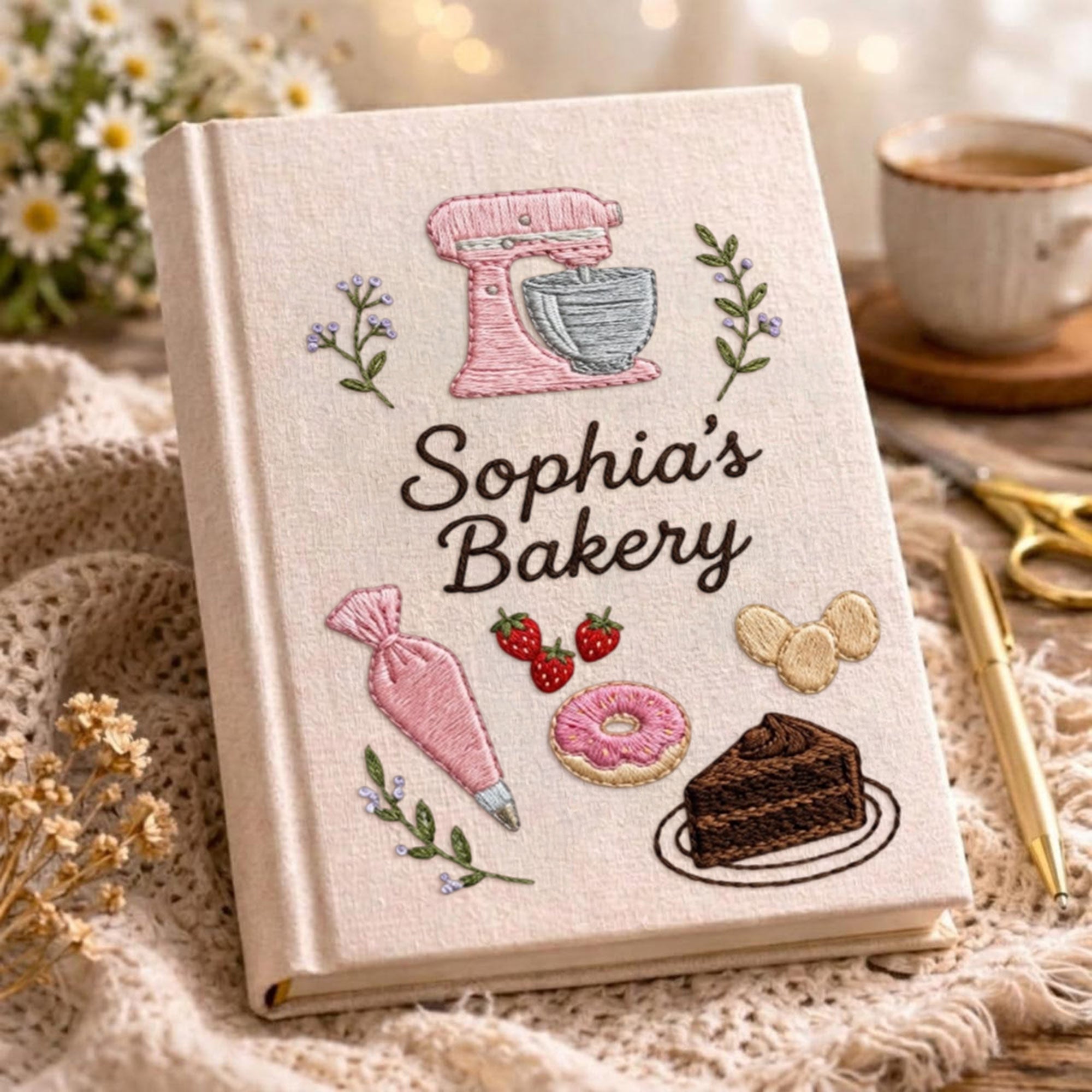 Personalized embroidered bakery recipe book handmade linen cookbook baking journal 6