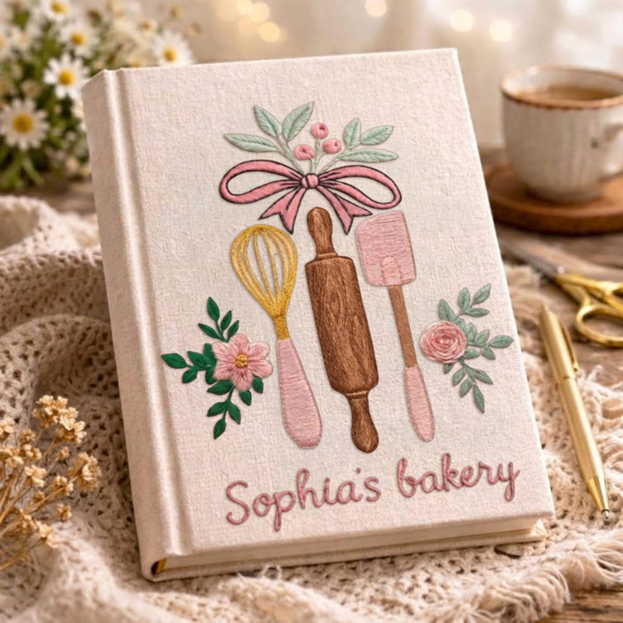 Personalized embroidered bakery recipe book handmade linen floral cookbook 5