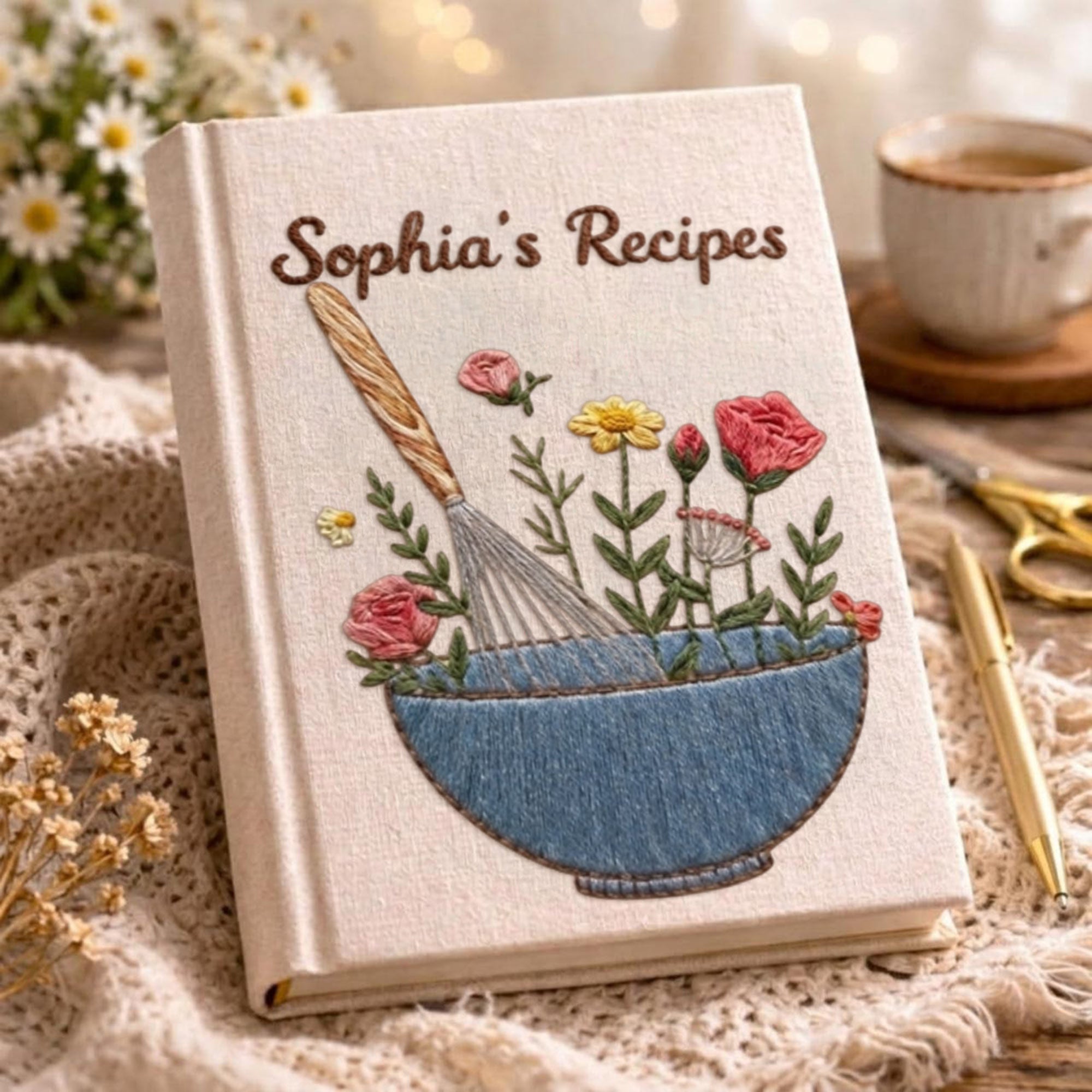 Personalized embroidered floral recipe journal handmade linen cookbook with blue mixing bowl 6