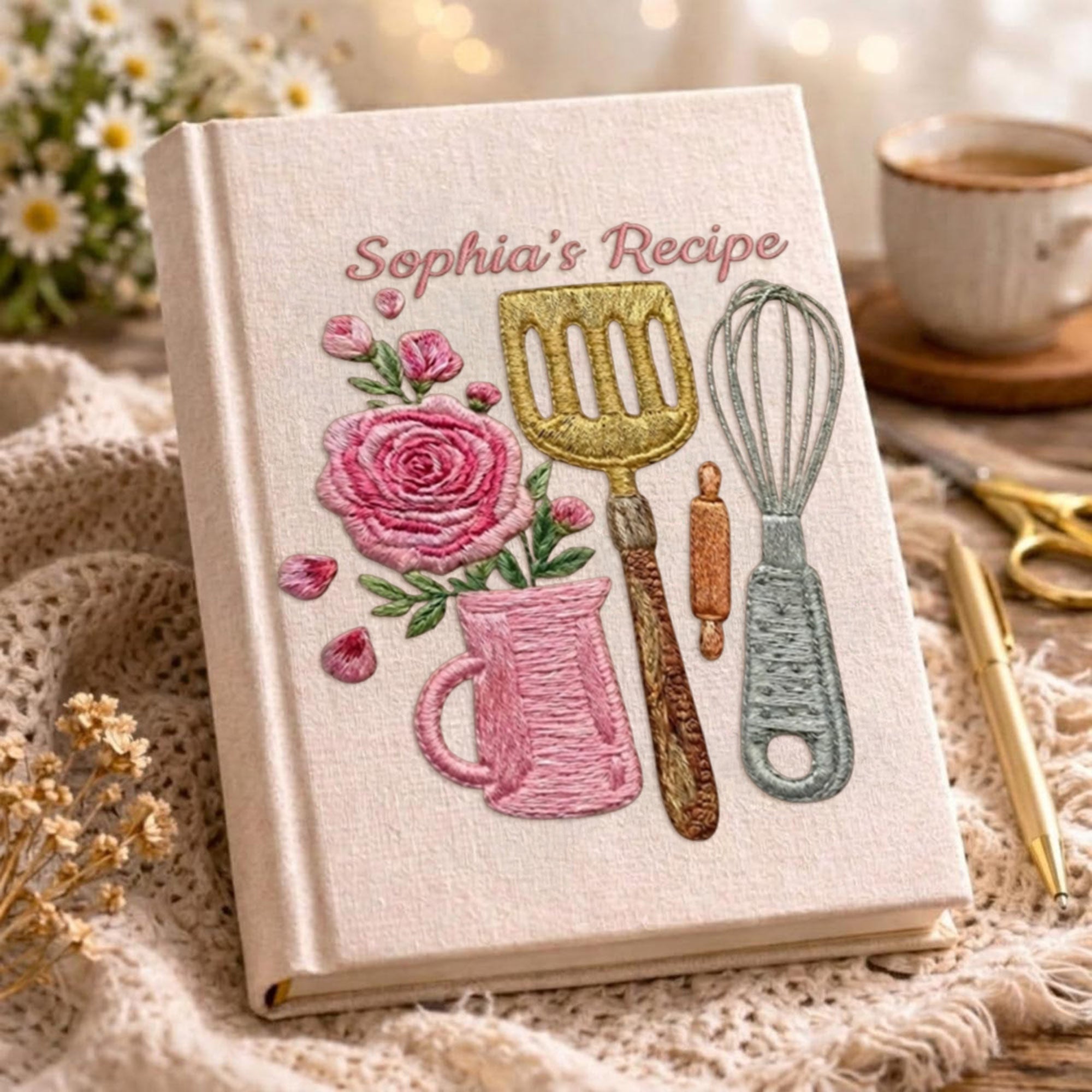 Personalized embroidered kitchen recipe notebook handmade linen floral cookbook 7