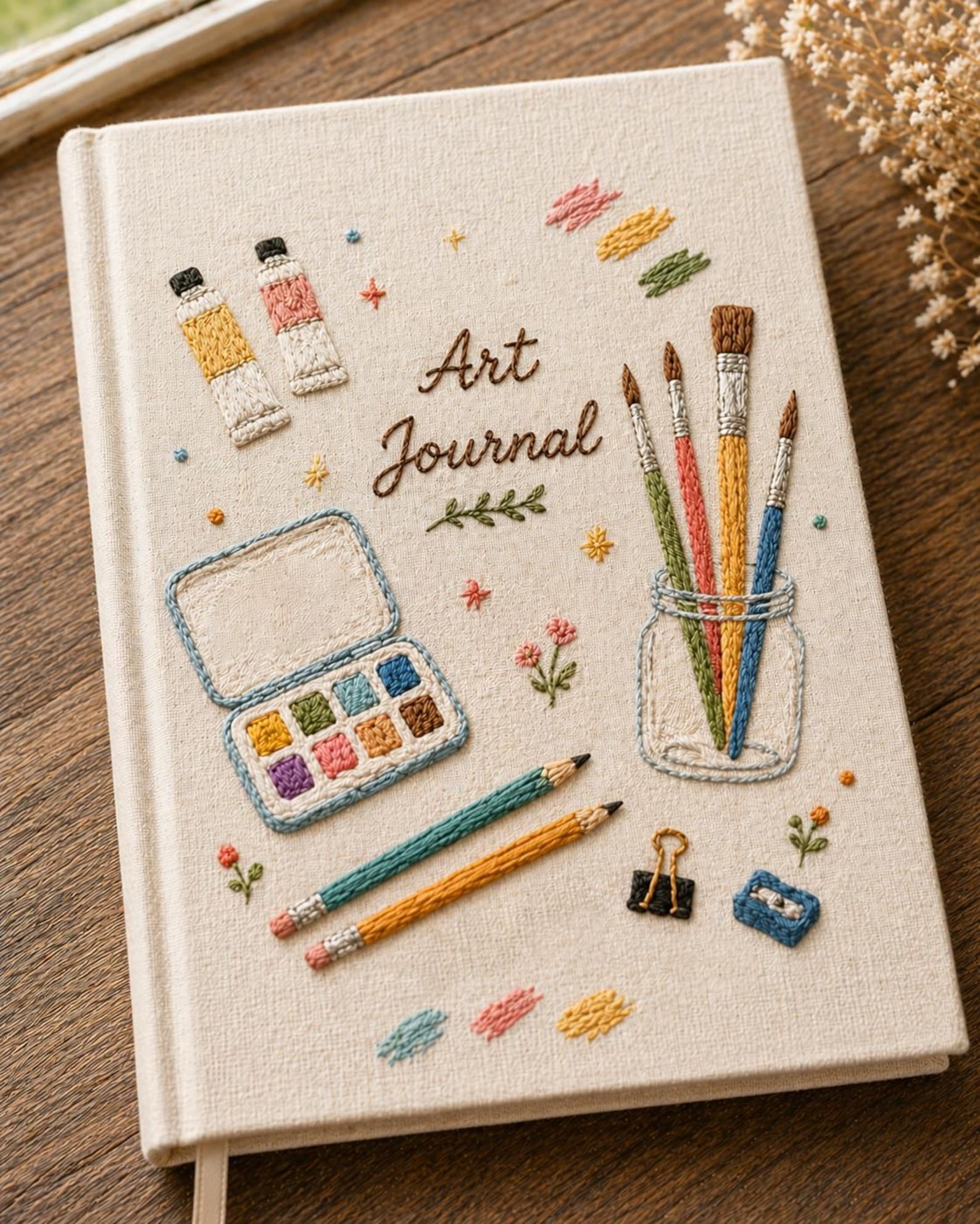 Hand embroidered artist journal featuring paint brushes watercolor palette pencils paint tubes and creative studio supplies on linen cover