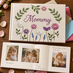 Personalized floral wreath hand embroidered linen notebook with botanical flowers and custom name
