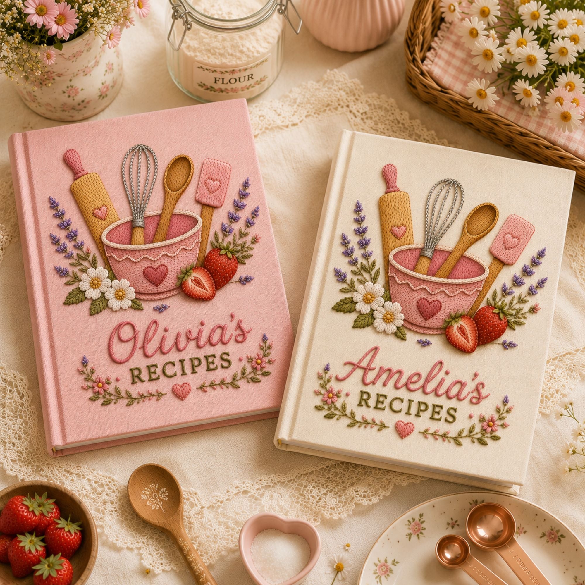 Personalized baking tools hand embroidered recipe book with whisk rolling pin spoon and strawberries