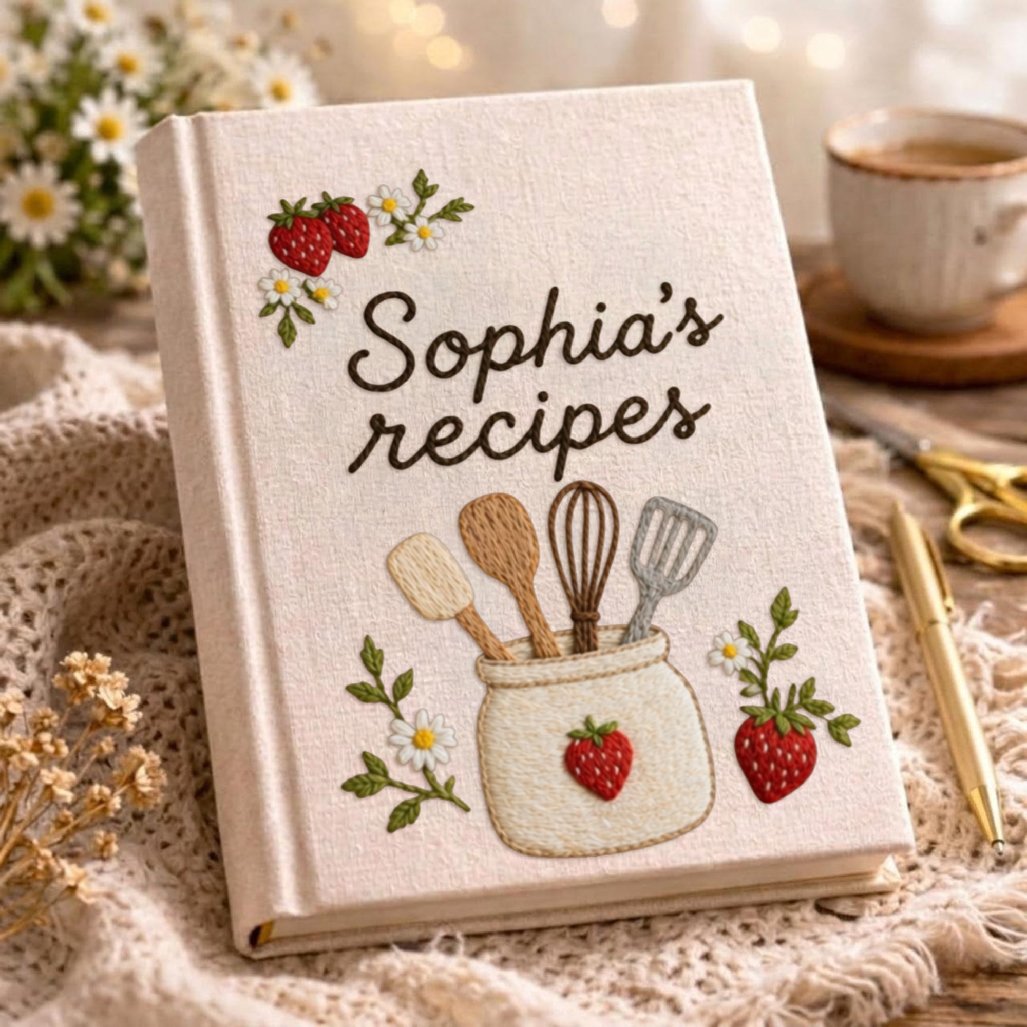 Personalized embroidered recipe book handmade linen cookbook strawberry kitchen journal 6