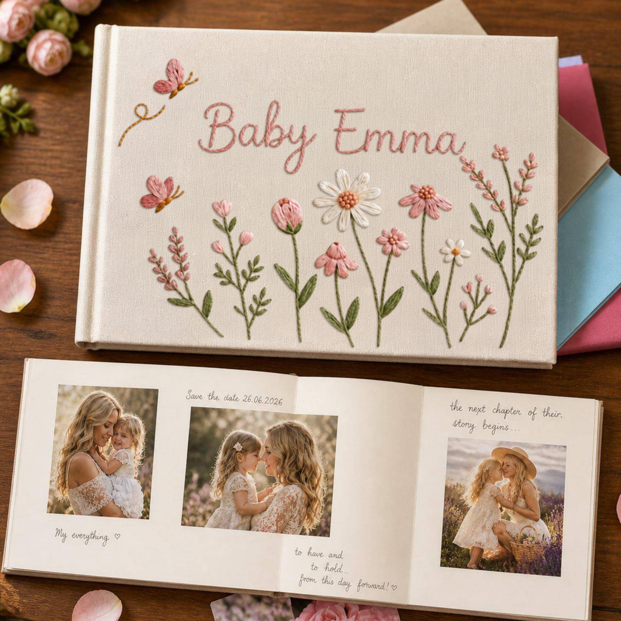 Personalized butterfly wildflower hand embroidered linen notebook with pink flowers and custom name