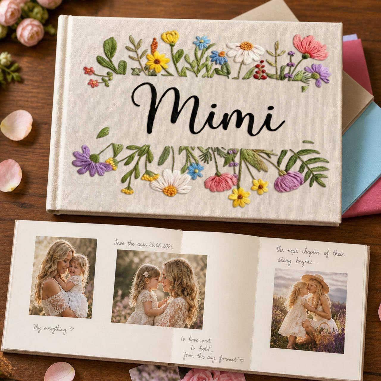 Personalized wildflower frame hand embroidered linen notebook with colorful floral border and custom name