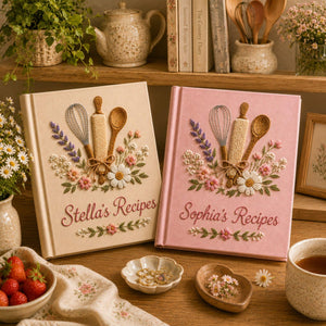 Personalized floral baking hand embroidered recipe book with whisk rolling pin wooden spoon and wildflower embroidery on linen cover