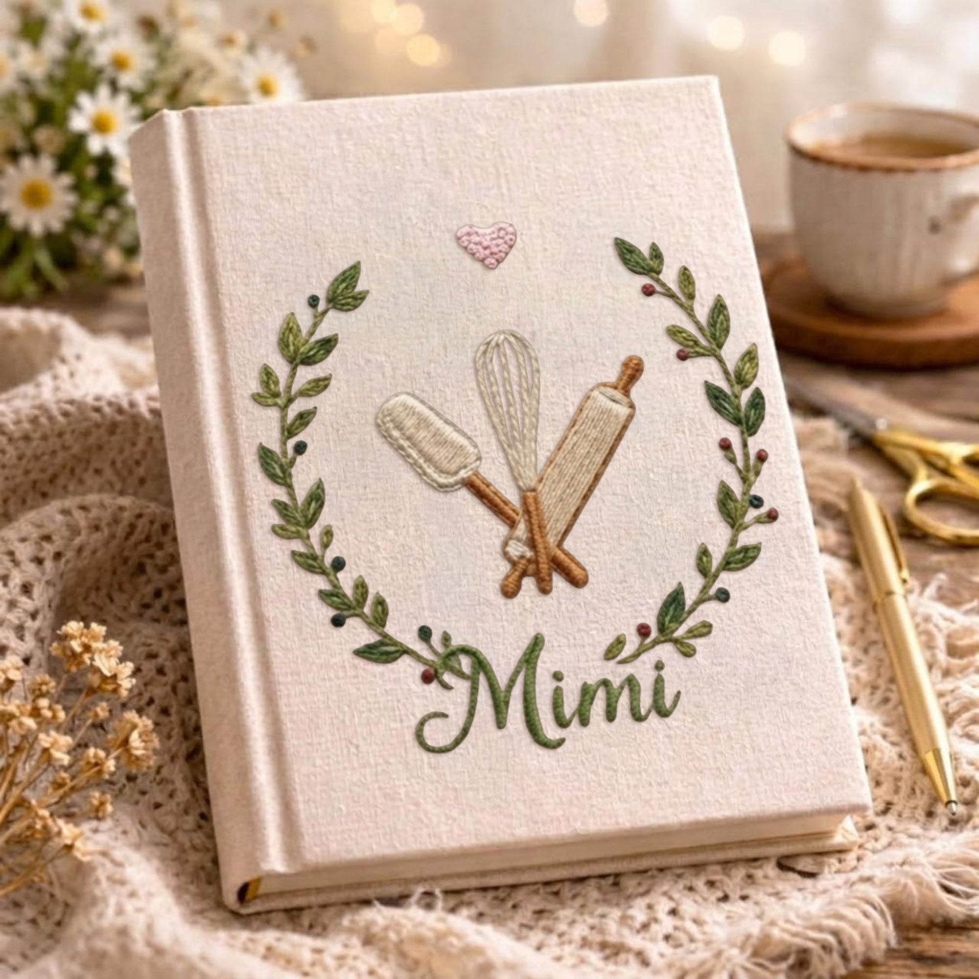 Personalized embroidered baking memory book handmade linen kitchen keepsake 7