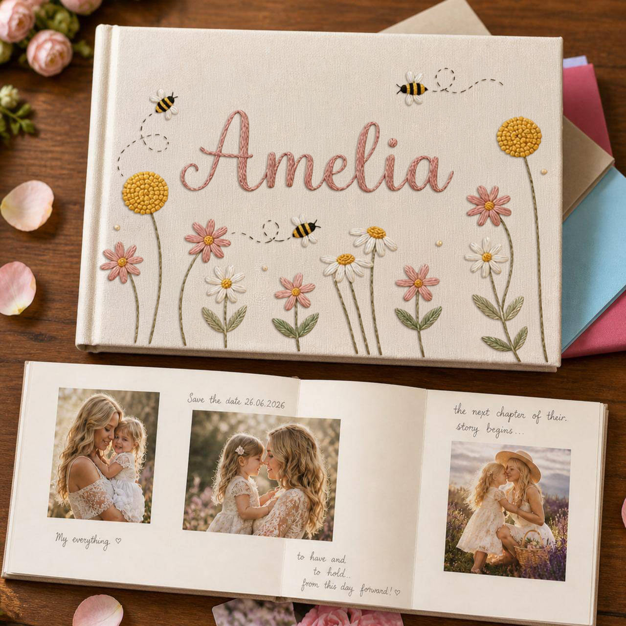 Personalized bee daisy garden hand embroidered linen notebook with floral embroidery bees and custom name
