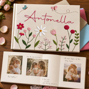 Personalized bright bloom garden hand embroidered linen notebook with colorful flowers butterflies and custom name