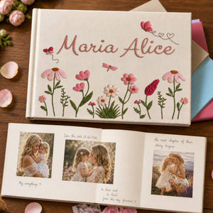 Personalized butterfly flower garden hand embroidered linen notebook with pink wildflowers and custom name