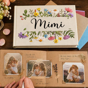 Personalized wildflower frame hand embroidered linen notebook with colorful floral border and custom name