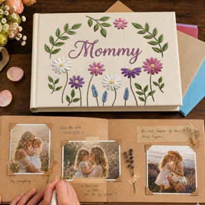 Personalized floral wreath hand embroidered linen notebook with botanical flowers and custom name