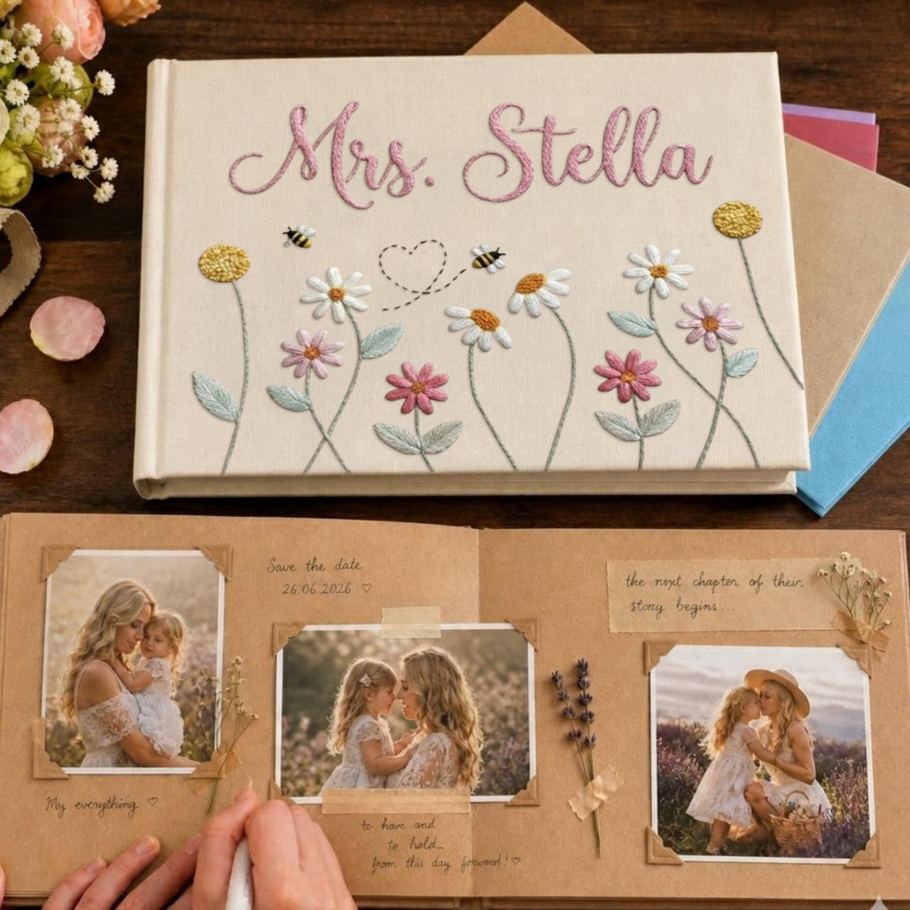 Personalized daisy bee hand embroidered linen notebook with floral meadow and custom name