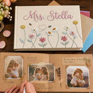 Personalized daisy bee hand embroidered linen notebook with floral meadow and custom name