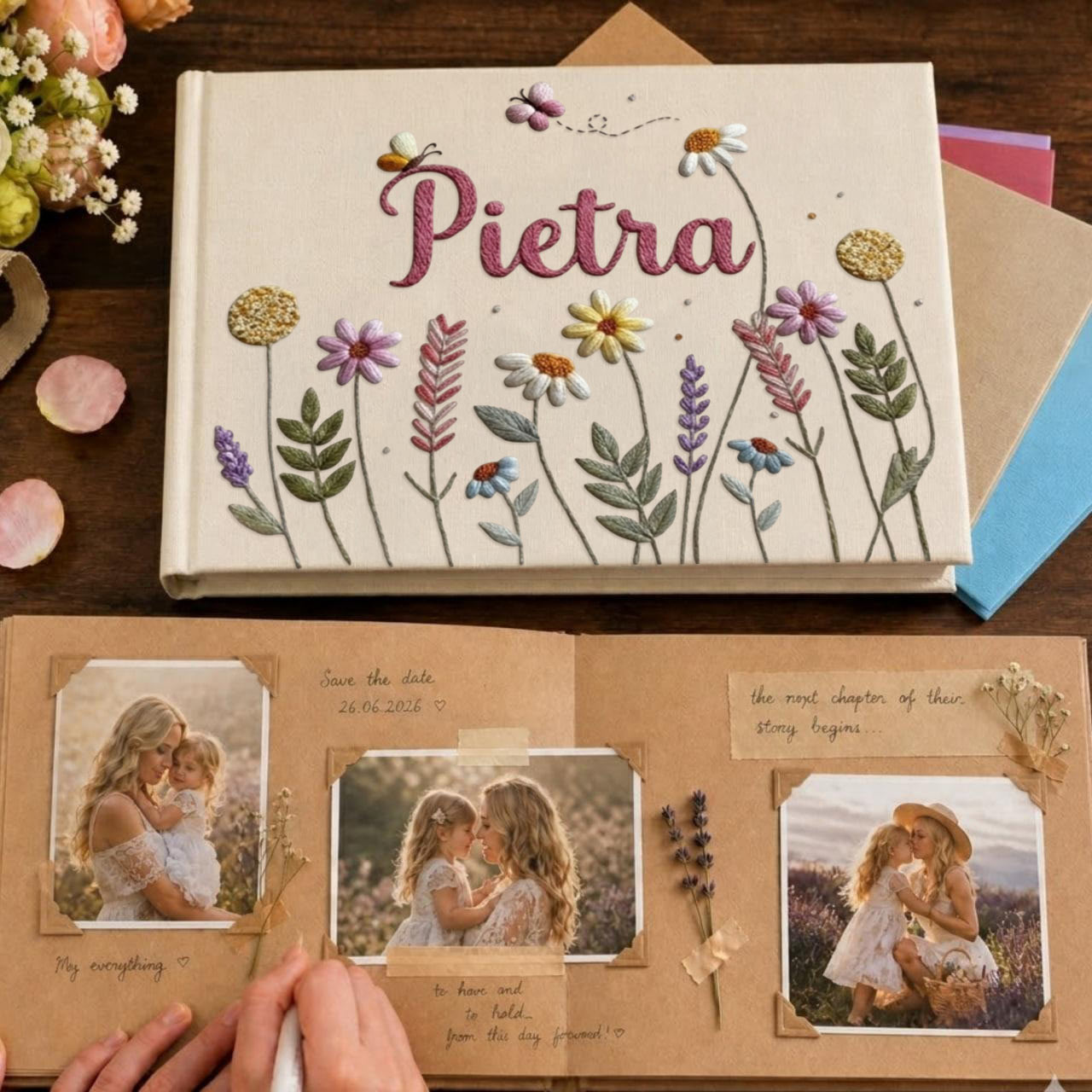 Personalized wildflower meadow hand embroidered linen notebook with botanical flowers and custom name