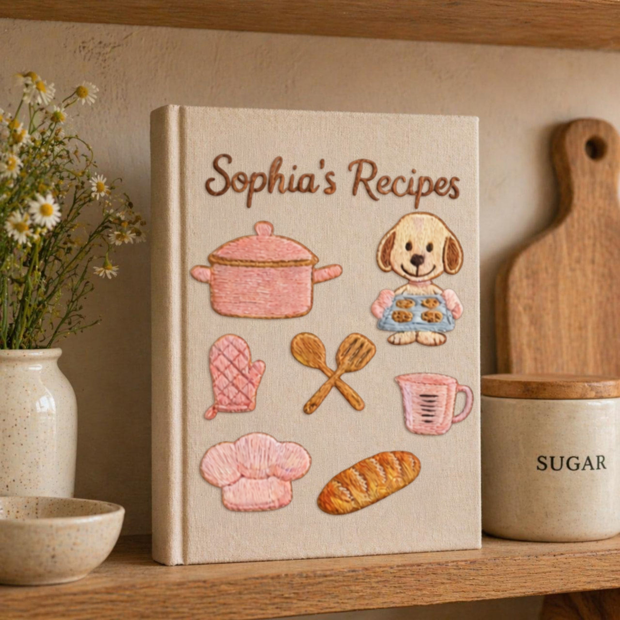 Personalized embroidered puppy baking recipe journal handmade linen cookbook 9