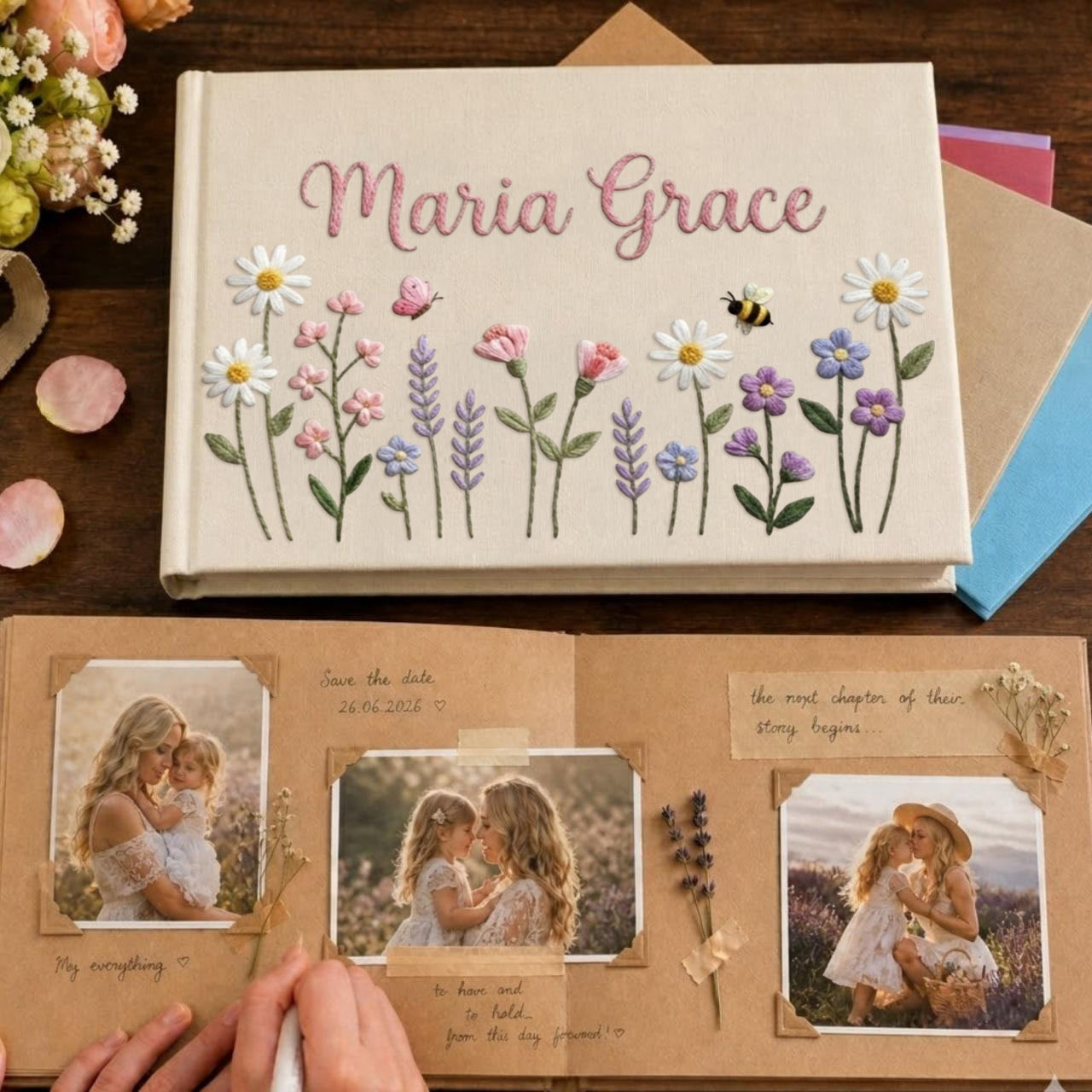 Personalized pastel cottage garden hand embroidered linen notebook with daisies bees flowers and custom name