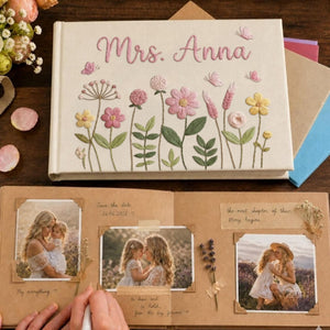 Personalized wildflower garden hand embroidered linen notebook with butterflies and custom name
