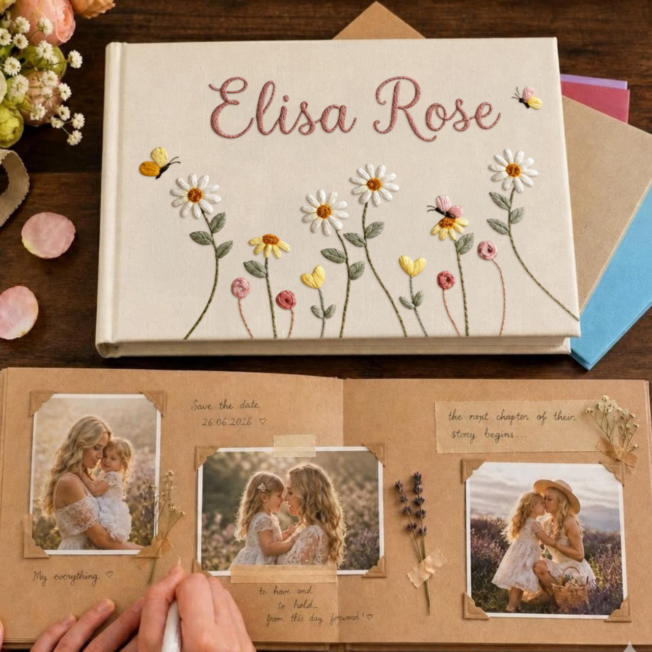 Personalized daisy butterfly hand embroidered linen notebook with custom name floral journal gift