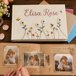 Personalized daisy butterfly hand embroidered linen notebook with custom name floral journal gift