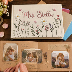 Personalized cottage garden floral hand embroidered linen notebook with daisies wildflowers and custom name