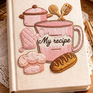 Personalized hand embroidered recipe book featuring pink baking tools, stand mixer, oven mitts, recipe cards, measuring cups, chef hat, whisk, and bakery-inspired embroidery on linen cover.