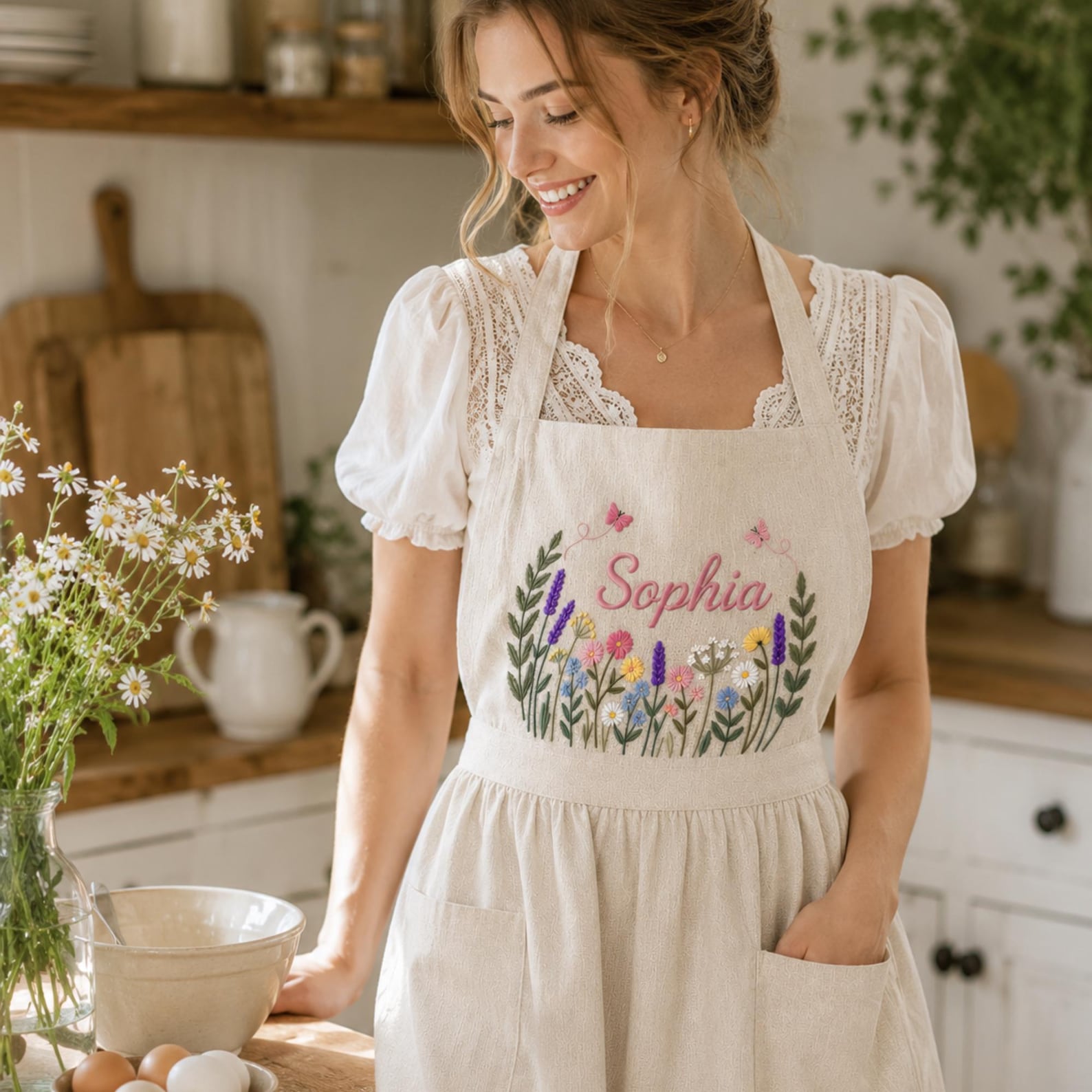 Personalized hand embroidered linen apron featuring colorful wildflowers, butterflies, lavender blooms, and custom name embroidery.