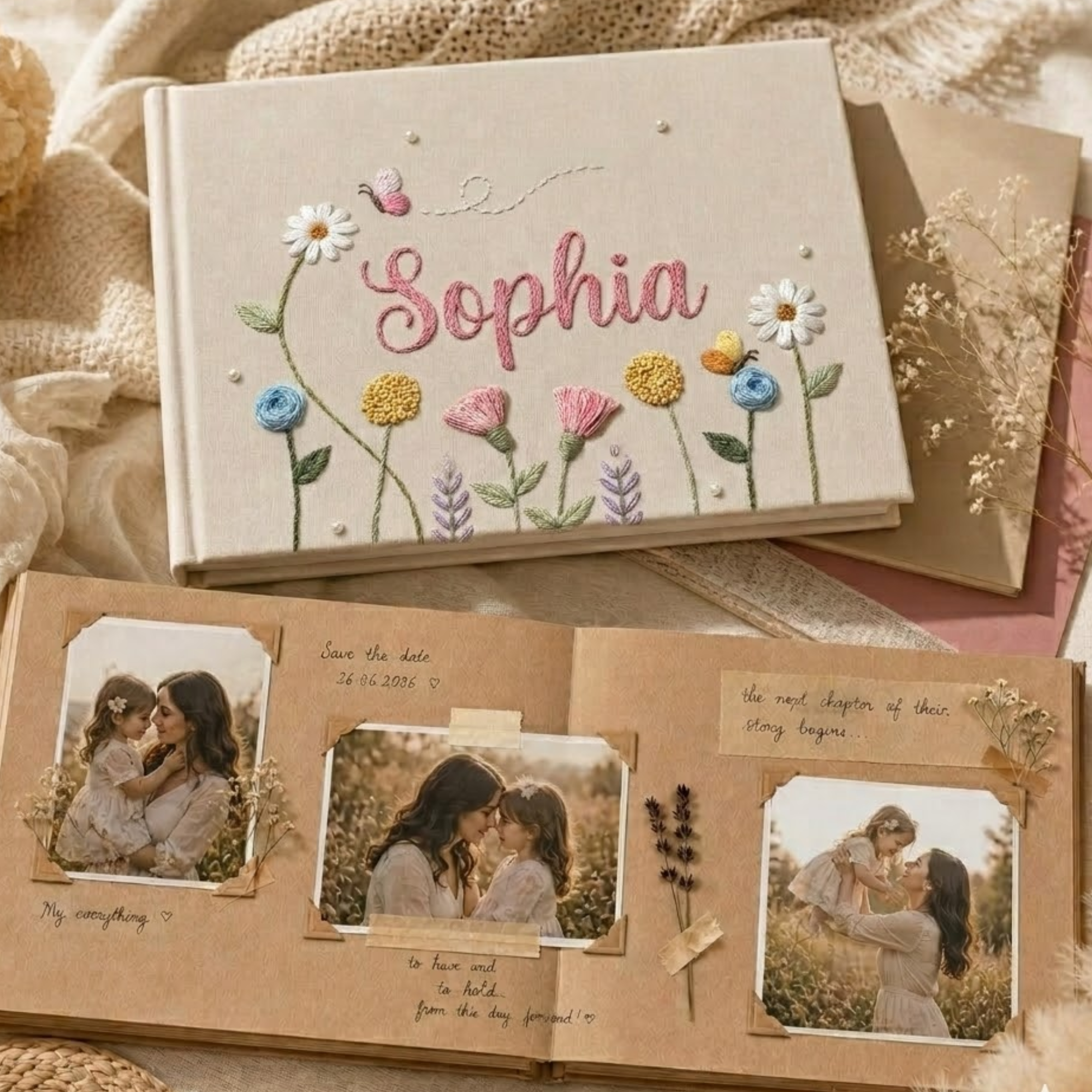 Personalized pastel wildflower hand embroidered linen notebook with butterflies colorful flowers and custom name