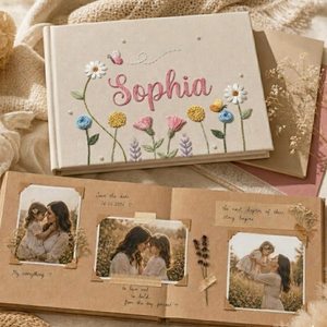 Personalized pastel wildflower hand embroidered linen notebook with butterflies colorful flowers and custom name