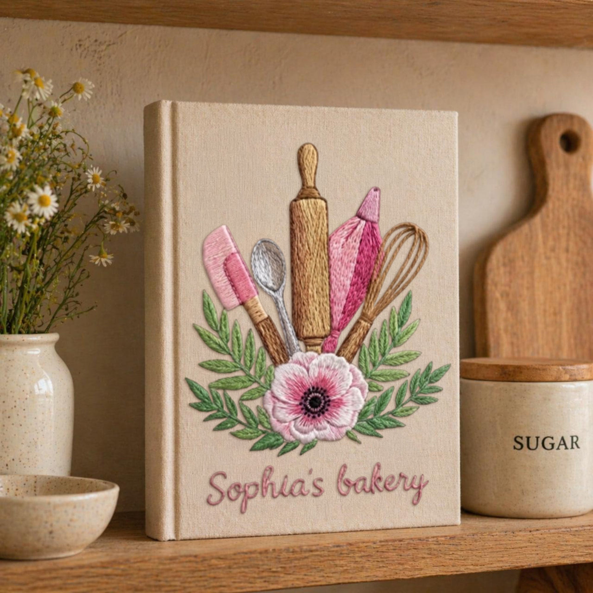 Personalized embroidered bakery recipe book handmade linen floral cookbook 6