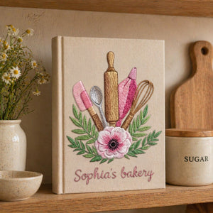 Personalized embroidered bakery recipe book handmade linen floral cookbook 6