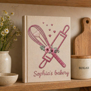 Personalized embroidered floral bakery recipe book handmade linen cookbook, Ver 1