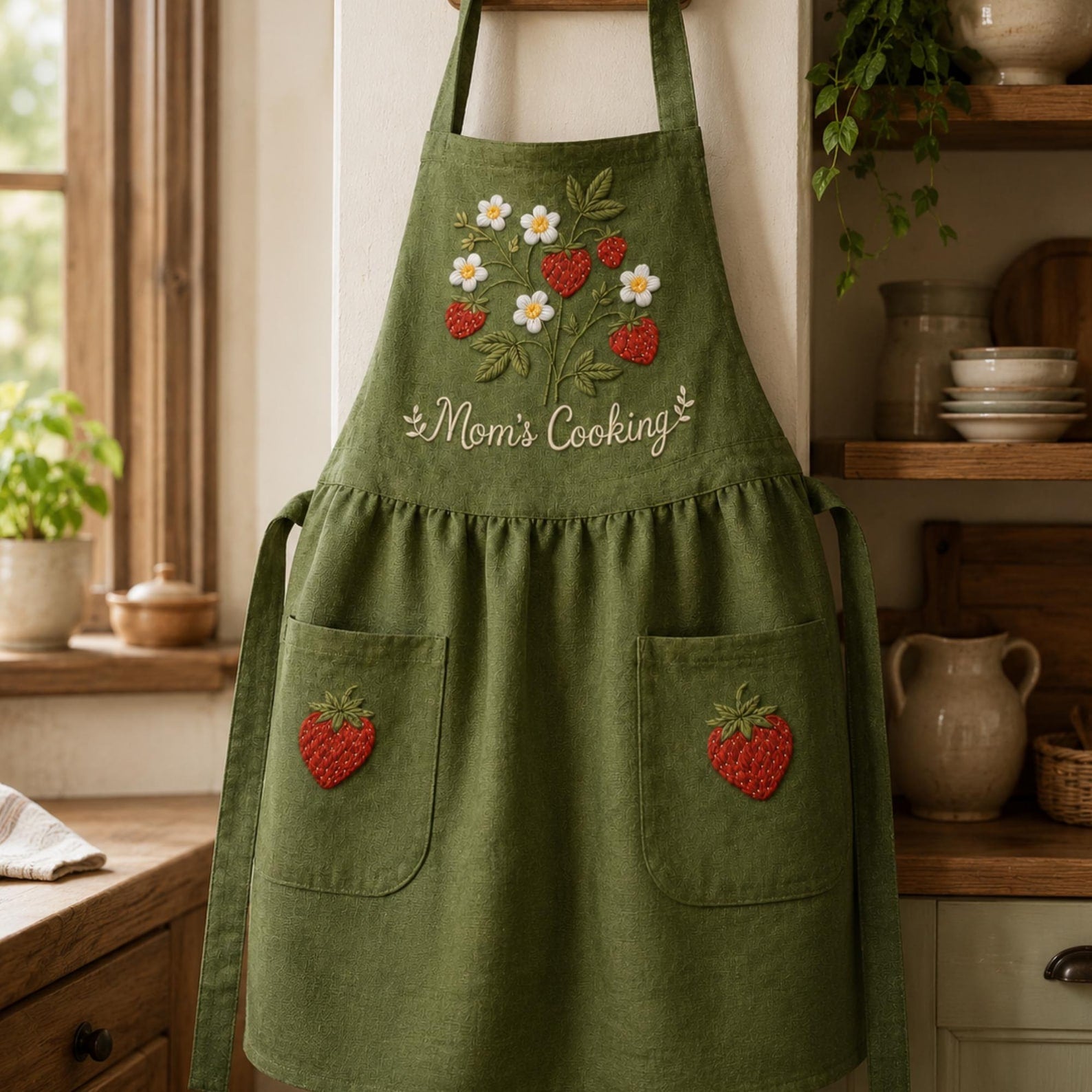 Personalized hand embroidered strawberry garden linen apron featuring strawberries, white flowers, botanical vines and custom text, cottagecore kitchen apron gift.