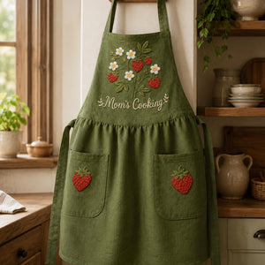 Personalized hand embroidered strawberry garden linen apron featuring strawberries, white flowers, botanical vines and custom text, cottagecore kitchen apron gift.